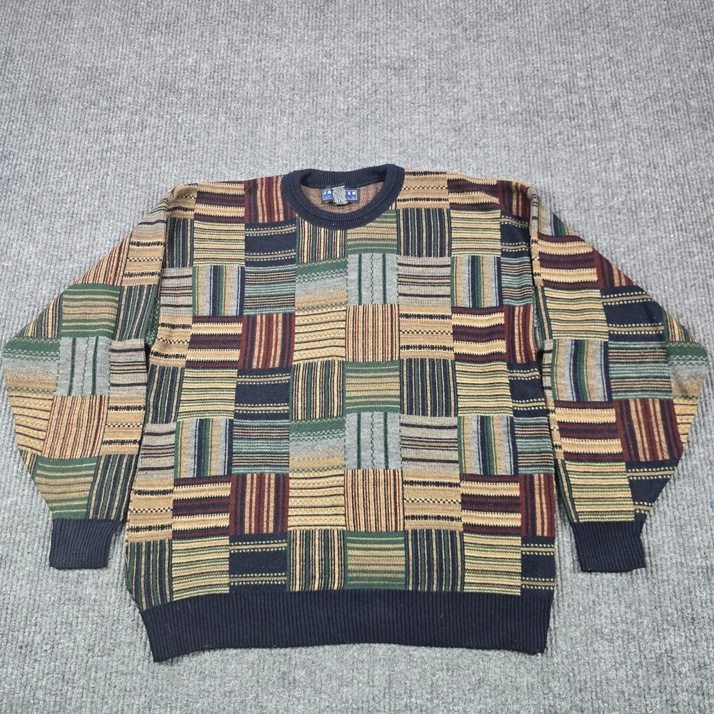 Vintage Jantzen Sweater Mens XL‎ Multicolor Geometric Patchwork Crew Pullover